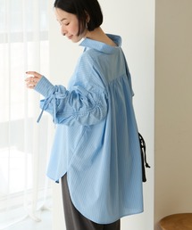 【Aunely】しわレス 袖ギャザーリボンシャツ<YOSOOIシリーズ>