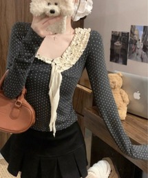 26AW レース Vネックフリルリボン ドット柄スリム長袖トップス