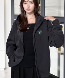 オーバーサイズ モノトーン 刺繍 裏起毛 スウェット フルジップパーカー 韓国ファッション
