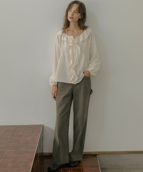 TILL I DIE（ティルアイダイ）の「Embroidered ruffle string blouse [TIFA06BL06]_Butter（シャツ/ブラウス・レディース・ライトイエロー・FREE）」の2枚目の写真