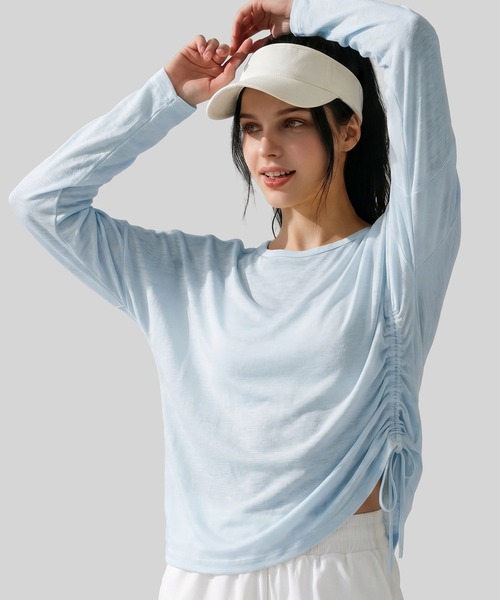 HYSSHOP（エイチワイエスショップ）の「【大きいサイズ有/吸汗速乾/ストレッチ/サイドドロスト調節可】長袖シアー前後アシメヘムヨガトップス レディース[トレーニングウェア/ジムウェア/ヨガ・ピラティスウェア/フィットネスウェア]（その他トップス・レディース・ホワイト/イエロー/ブルー・M/XL）」の2枚目の写真