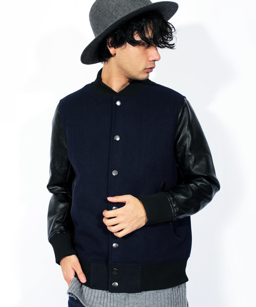 ８(eight)（エイト）の「メルトン スタジャン 袖切替 PUレザー（スタジャン・メンズ・チャコールグレー/ブラック/ネイビー/グレー/レッド/キャメル・SMALL/MEDIUM/LARGE/X-LARGE/XX-LARGE）」の5枚目の写真