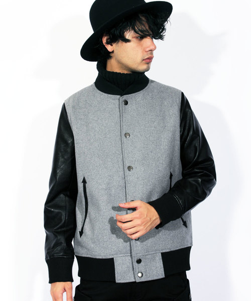 ８(eight)（エイト）の「メルトン スタジャン 袖切替 PUレザー（スタジャン・メンズ・チャコールグレー/ブラック/ネイビー/グレー/レッド/キャメル・SMALL/MEDIUM/LARGE/X-LARGE/XX-LARGE）」の4枚目の写真