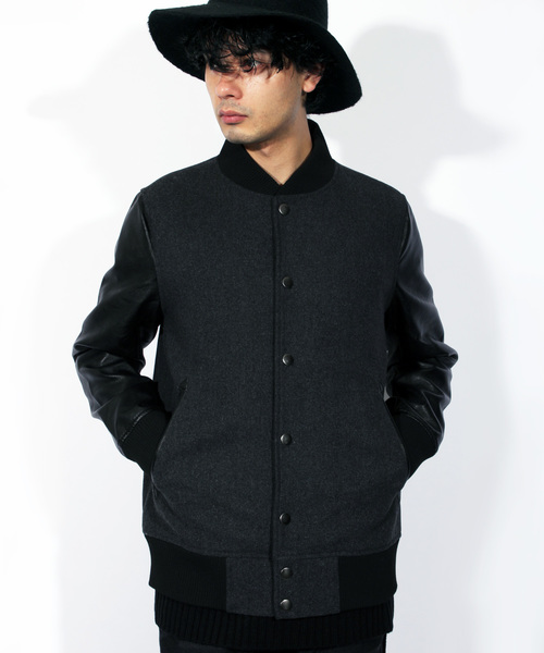 ８(eight)（エイト）の「メルトン スタジャン 袖切替 PUレザー（スタジャン・メンズ・チャコールグレー/ブラック/ネイビー/グレー/レッド/キャメル・SMALL/MEDIUM/LARGE/X-LARGE/XX-LARGE）」の3枚目の写真