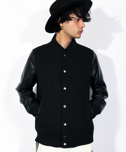 ８(eight)（エイト）の「メルトン スタジャン 袖切替 PUレザー（スタジャン・メンズ・チャコールグレー/ブラック/ネイビー/グレー/レッド/キャメル・SMALL/MEDIUM/LARGE/X-LARGE/XX-LARGE）」の2枚目の写真