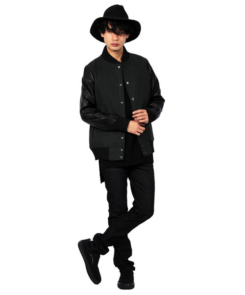 ８(eight)（エイト）の「メルトン スタジャン 袖切替 PUレザー（スタジャン・メンズ・チャコールグレー/ブラック/ネイビー/グレー/レッド/キャメル・SMALL/MEDIUM/LARGE/X-LARGE/XX-LARGE）」の8枚目の写真