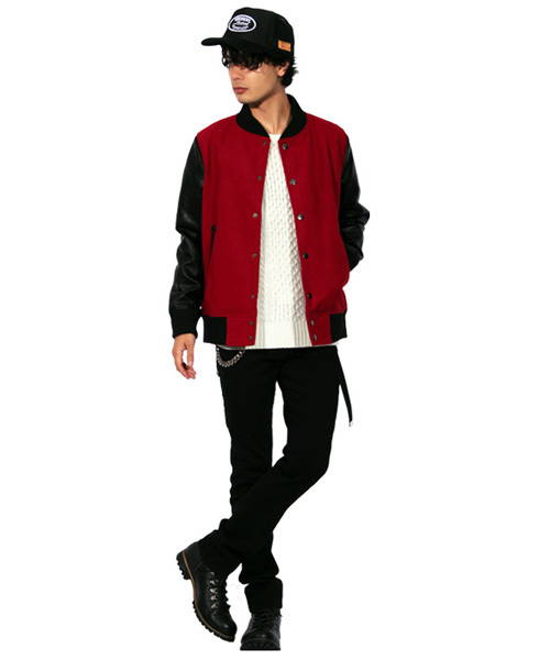 ８(eight)（エイト）の「メルトン スタジャン 袖切替 PUレザー（スタジャン・メンズ・チャコールグレー/ブラック/ネイビー/グレー/レッド/キャメル・SMALL/MEDIUM/LARGE/X-LARGE/XX-LARGE）」の12枚目の写真