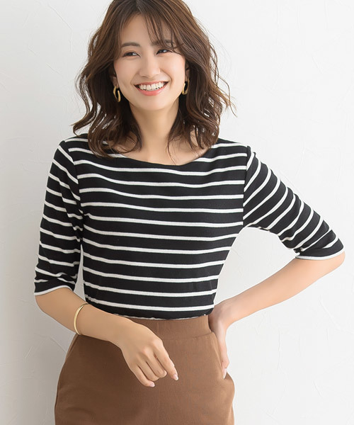 Pierrot（ピエロ）の「テレコリブボートネック五分袖トップス（Tシャツ/カットソー・レディース・ホワイト×ブラック/ブラック×ホワイト/ブラック/オフホワイト/モカ/ホワイト×ブラウン・M/L）」の6枚目の写真