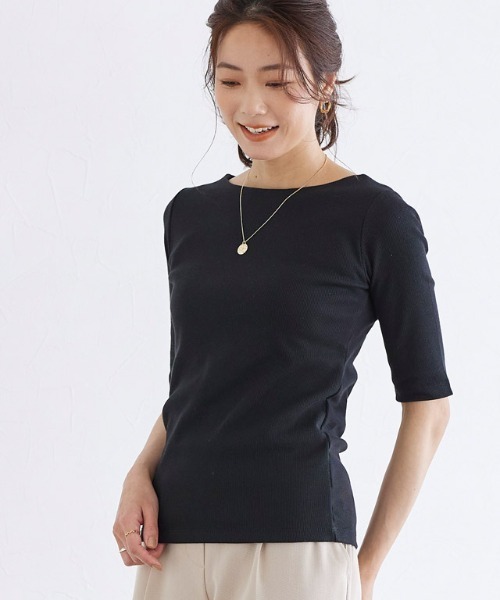 Pierrot（ピエロ）の「テレコリブボートネック五分袖トップス（Tシャツ/カットソー・レディース・ホワイト×ブラック/ブラック×ホワイト/ブラック/オフホワイト/モカ/ホワイト×ブラウン・M/L）」の5枚目の写真