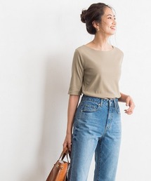 テレコリブボートネック五分袖トップス