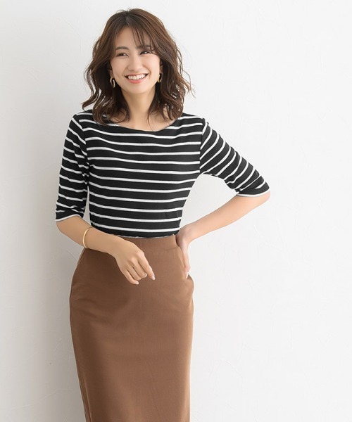 Pierrot（ピエロ）の「テレコリブボートネック五分袖トップス（Tシャツ/カットソー・レディース・ホワイト×ブラック/ブラック×ホワイト/ブラック/オフホワイト/モカ/ホワイト×ブラウン・M/L）」の7枚目の写真