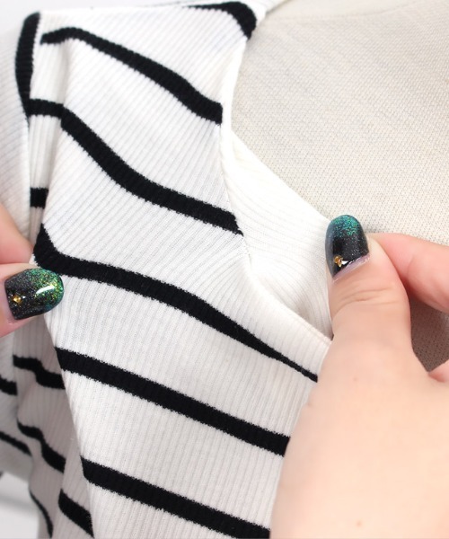 Pierrot（ピエロ）の「テレコリブボートネック五分袖トップス（Tシャツ/カットソー・レディース・ホワイト×ブラック/ブラック×ホワイト/ブラック/オフホワイト/モカ/ホワイト×ブラウン・M/L）」の10枚目の写真