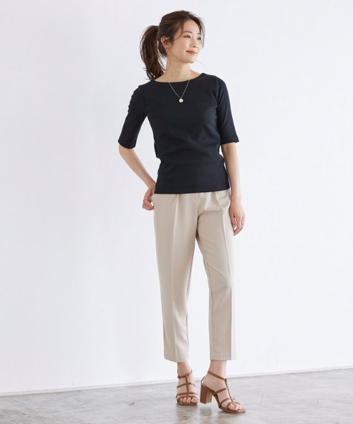 Pierrot（ピエロ）の「テレコリブボートネック五分袖トップス（Tシャツ/カットソー・レディース・ホワイト×ブラック/ブラック×ホワイト/ブラック/オフホワイト/モカ/ホワイト×ブラウン・M/L）」の19枚目の写真