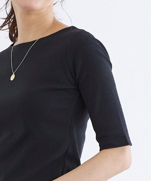 Pierrot（ピエロ）の「テレコリブボートネック五分袖トップス（Tシャツ/カットソー・レディース・ホワイト×ブラック/ブラック×ホワイト/ブラック/オフホワイト/モカ/ホワイト×ブラウン・M/L）」の17枚目の写真