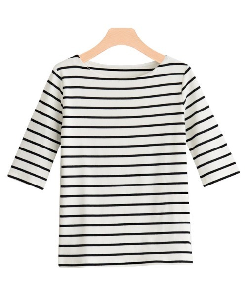 Pierrot（ピエロ）の「テレコリブボートネック五分袖トップス（Tシャツ/カットソー・レディース・ホワイト×ブラック/ブラック×ホワイト/ブラック/オフホワイト/モカ/ホワイト×ブラウン・M/L）」の14枚目の写真