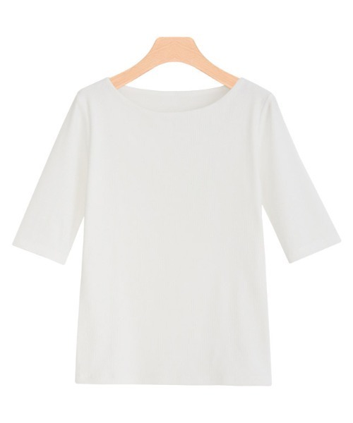 Pierrot（ピエロ）の「テレコリブボートネック五分袖トップス（Tシャツ/カットソー・レディース・ホワイト×ブラック/ブラック×ホワイト/ブラック/オフホワイト/モカ/ホワイト×ブラウン・M/L）」の12枚目の写真