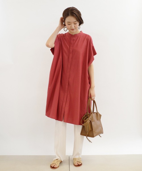 DouDou(ドゥドゥ)の「綿レーヨンBIGシャツ(シャツ/ブラウス・レディース・オフホワイト/レンガ/ダークブラウン・FREE)」の1枚目の写真