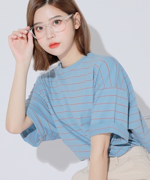 HOTPING（ホッピン）の「ラウンドネック配色ボーダールーズTシャツ（Tシャツ/カットソー・レディース・アイボリー/ブラック/ブルー・FREE）」の3枚目の写真