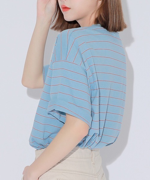 HOTPING（ホッピン）の「ラウンドネック配色ボーダールーズTシャツ（Tシャツ/カットソー・レディース・アイボリー/ブラック/ブルー・FREE）」の8枚目の写真