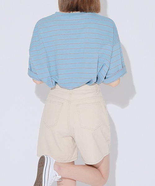 HOTPING（ホッピン）の「ラウンドネック配色ボーダールーズTシャツ（Tシャツ/カットソー・レディース・アイボリー/ブラック/ブルー・FREE）」の10枚目の写真