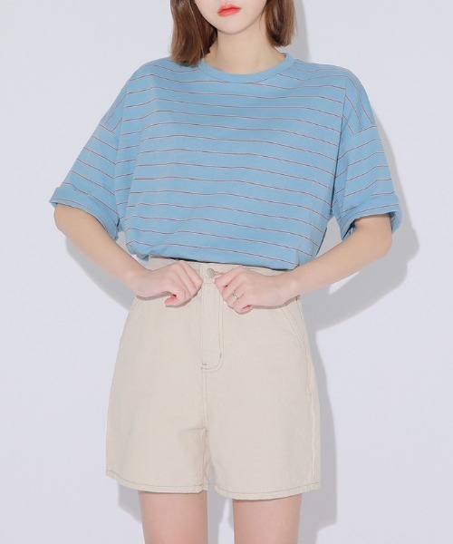 HOTPING（ホッピン）の「ラウンドネック配色ボーダールーズTシャツ（Tシャツ/カットソー・レディース・アイボリー/ブラック/ブルー・FREE）」の9枚目の写真