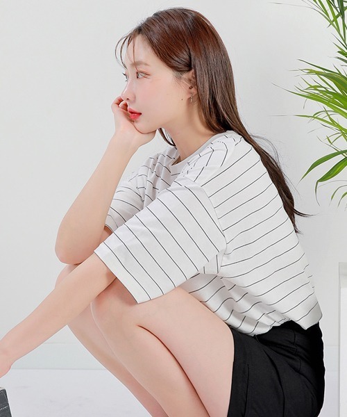 HOTPING（ホッピン）の「ラウンドネック配色ボーダールーズTシャツ（Tシャツ/カットソー・レディース・アイボリー/ブラック/ブルー・FREE）」の14枚目の写真