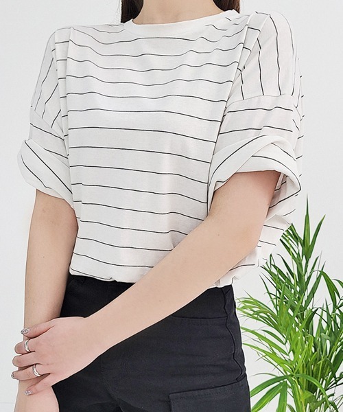 HOTPING（ホッピン）の「ラウンドネック配色ボーダールーズTシャツ（Tシャツ/カットソー・レディース・アイボリー/ブラック/ブルー・FREE）」の13枚目の写真