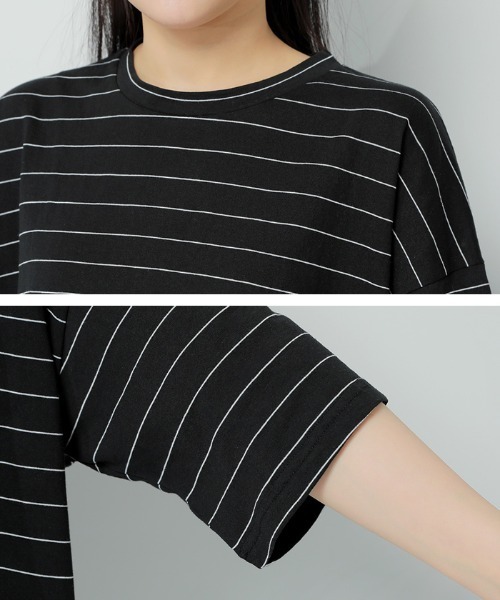 HOTPING（ホッピン）の「ラウンドネック配色ボーダールーズTシャツ（Tシャツ/カットソー・レディース・アイボリー/ブラック/ブルー・FREE）」の15枚目の写真