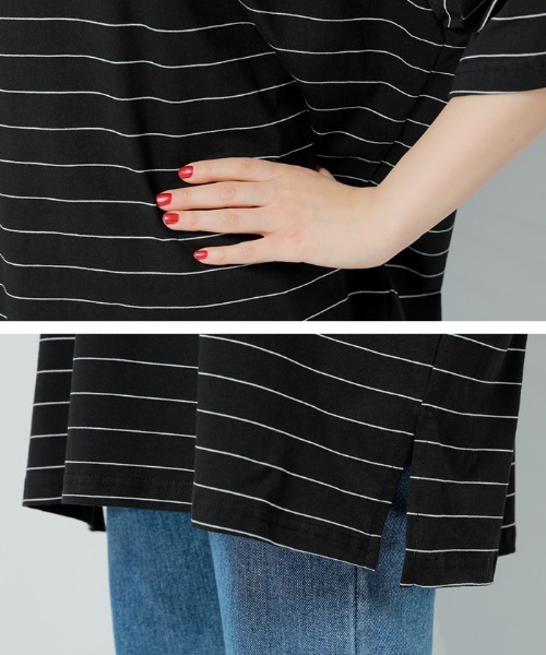 HOTPING（ホッピン）の「ラウンドネック配色ボーダールーズTシャツ（Tシャツ/カットソー・レディース・アイボリー/ブラック/ブルー・FREE）」の16枚目の写真