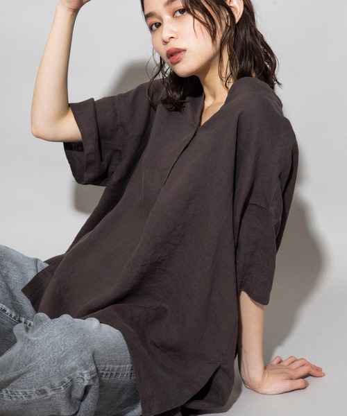 Munich（ミューニック）の「フレンチリネンキャンバス　ビッグプルオーバー（シャツ/ブラウス・レディース・ダークブラウン/パープル/ナチュラル/ホワイト・FREE）」の2枚目の写真