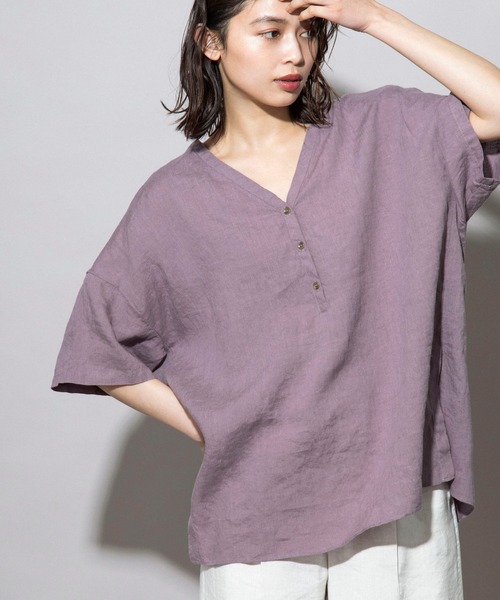 Munich（ミューニック）の「フレンチリネンキャンバス　ビッグプルオーバー（シャツ/ブラウス・レディース・ダークブラウン/パープル/ナチュラル/ホワイト・FREE）」の4枚目の写真