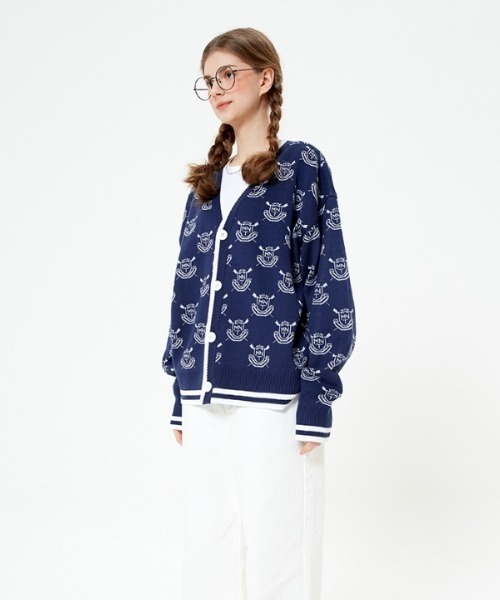 ★MAINBOOTH★Univ. Preppy Cardigan(NAVY)★正規品/直送料込 Viscose Blend Knit Preppy Stitch Detail Cardigan | Karen Millen