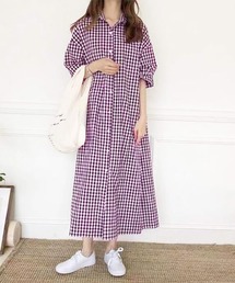 ABITOKYO（アビトーキョー）の「ギンガムチェック麻ライク五分袖マキシロングシャツワンピース（ワンピース・パープル系）」