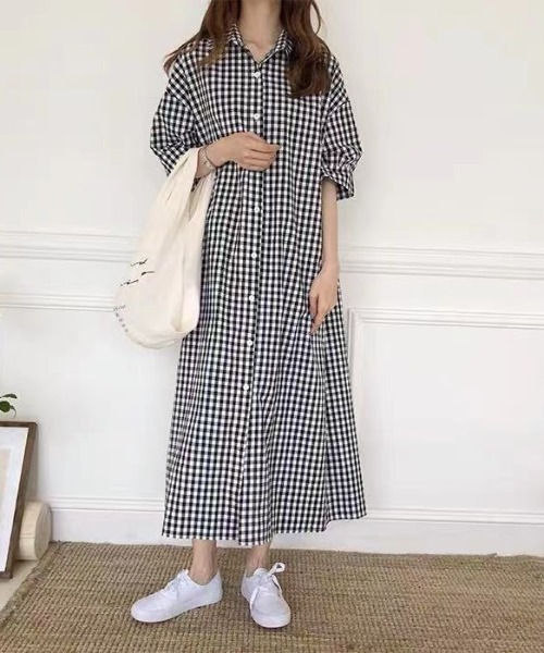 ABITOKYO（アビトーキョー）の「ギンガムチェック麻ライク五分袖マキシロングシャツワンピース（ワンピース・レディース・ブラック/パープル/ブルー/グリーン/オレンジ/ピンク/グリーン系その他/イエロー/ベージュ/レッド・FREE）」の16枚目の写真