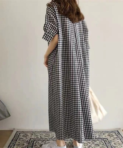 ABITOKYO（アビトーキョー）の「ギンガムチェック麻ライク五分袖マキシロングシャツワンピース（ワンピース・レディース・ブラック/パープル/ブルー/グリーン/オレンジ/ピンク/グリーン系その他/イエロー/ベージュ/レッド・FREE）」の18枚目の写真