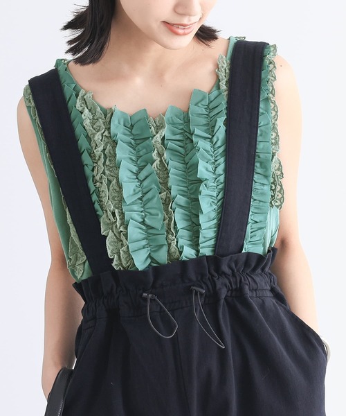 osharewalker（オシャレウォーカー）の「【廃盤】『ボリュームレースフリルタンク』（タンクトップ・レディース・ブラック/オフホワイト/グリーン/ピンク・2/1）」の3枚目の写真