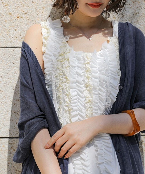 osharewalker（オシャレウォーカー）の「【廃盤】『ボリュームレースフリルタンク』（タンクトップ・レディース・ブラック/オフホワイト/グリーン/ピンク・2/1）」の5枚目の写真