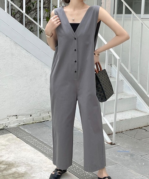 セール】フロントボタンVネックオールインワン ワイドサロペット