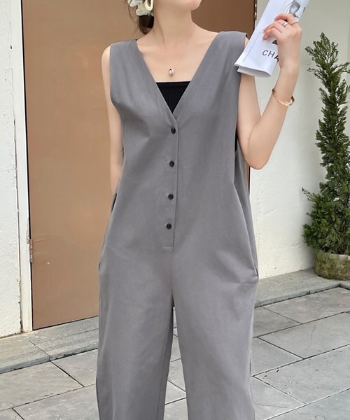 セール】フロントボタンVネックオールインワン ワイドサロペット