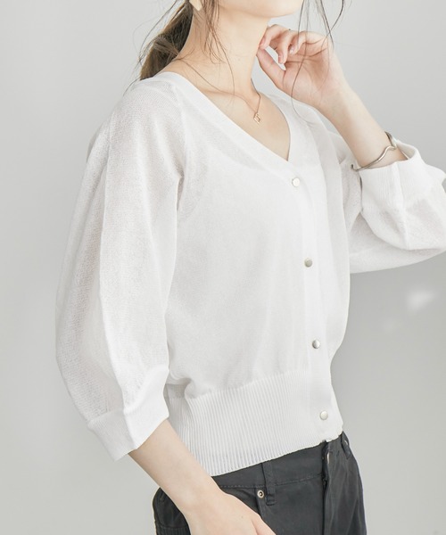 Be You 【 Button Trim Cardigan Women 】 ファッション レディースファッション トップス カーディガン ボレロ レディー Fashion Letter（ファッションレター）の「七分袖シアー