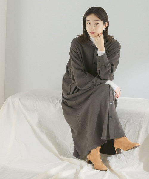 KBF（ケイビーエフ）の「起毛シャツワンピース（ワンピース・レディース・グリーン系その他/ライトベージュ/カーキ/グレー・ONE）」の4枚目の写真