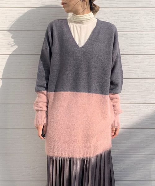 Q（キュー）の「バイカラーシャギーニット（ニット/セーター・レディース・グレー×ピンク/オリーブ系・MEDIUM）」の4枚目の写真