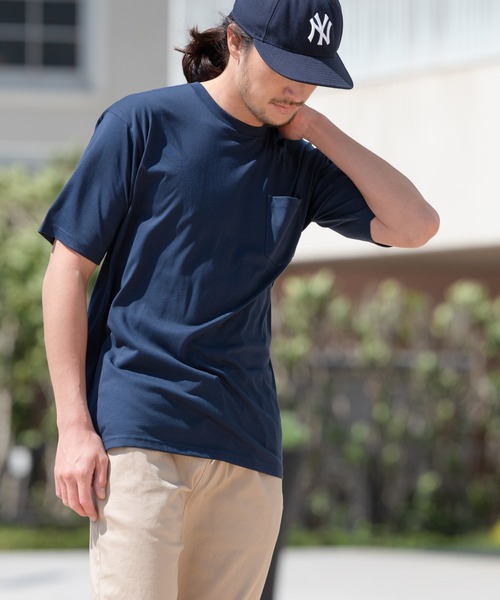 Blue Standard （ブルースタンダード）の「【BLUE STANDARD/ブルースタンダード】汗染みの目立ちにくいゼロステイン　汗シミ防止加工　撥水性　UVカット　胸ポケット付きクルーネックTシャツ（Tシャツ/カットソー・メンズ・ホワイト/ブラック/ダークグリーン/ネイビー/カーキ/サックスブルー/ピンク系その他/ダークベージュ/アーミー・SMALL/MEDIUM/X-LARGE/LARGE）」の8枚目の写真