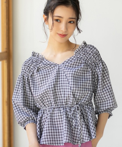 fifth（フィフス）の「【9周年記念】ペプラムチェックブラウス（シャツ/ブラウス・レディース・ブラック/ブルー・M）」の2枚目の写真