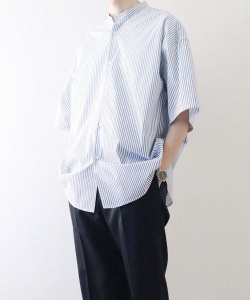 y/m by kitsune（イムバイキツネ）の「ハーフスリーブストライプバンドカラーシャツ（シャツ/ブラウス・メンズ・ホワイト/ネイビー・MEDIUM/LARGE）」の9枚目の写真