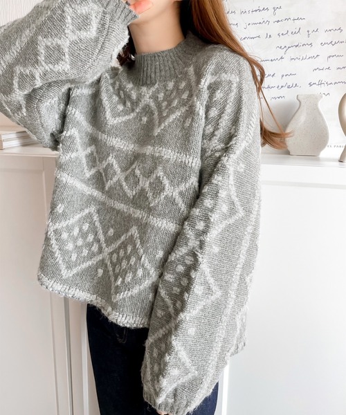 classicalelf（クラシカルエルフ）の「レトロに味付け。ループヤーン3Dジャガードハイネックニットプルオーバー（ニット/セーター・レディース・ベージュ/チャコールグレー/ブルー/アイボリー・MEDIUM/X-LARGE/LARGE/SMALL）」の17枚目の写真
