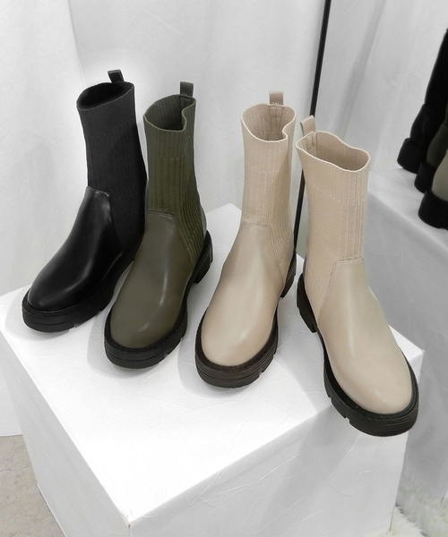 minia（ミニア）の「ソックスミドルブーツ（ブーツ・レディース・カーキ/グレイッシュベージュ/ブラック・S/M/L）」の3枚目の写真