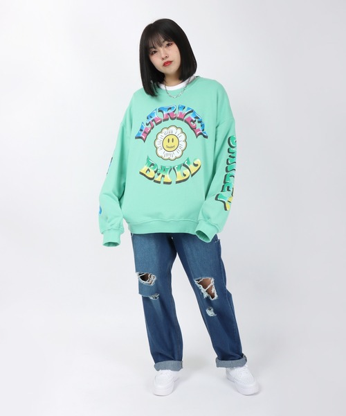 SMILEY FACE（スマイリーフェイス）の「SMILEY FACE（スマイリーフェイス）フラワースマイルモチーフ 袖プリント スウェットトップス メンズ レディース/トレーナープルオーバー（スウェット・メンズ・ホワイト/ブラック/ライトグリーン・M/L）」の20枚目の写真