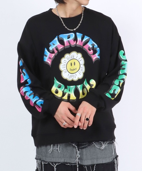 SMILEY FACE（スマイリーフェイス）の「SMILEY FACE（スマイリーフェイス）フラワースマイルモチーフ 袖プリント スウェットトップス メンズ レディース/トレーナープルオーバー（スウェット・メンズ・ホワイト/ブラック/ライトグリーン・M/L）」の14枚目の写真