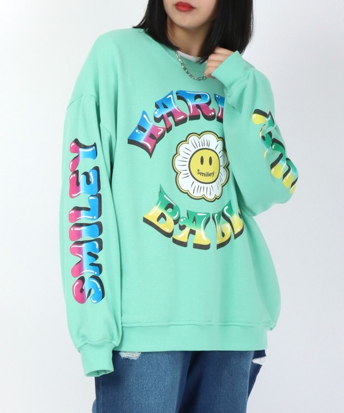SMILEY FACE（スマイリーフェイス）の「SMILEY FACE（スマイリーフェイス）フラワースマイルモチーフ 袖プリント スウェットトップス メンズ レディース/トレーナープルオーバー（スウェット・メンズ・ホワイト/ブラック/ライトグリーン・M/L）」の18枚目の写真